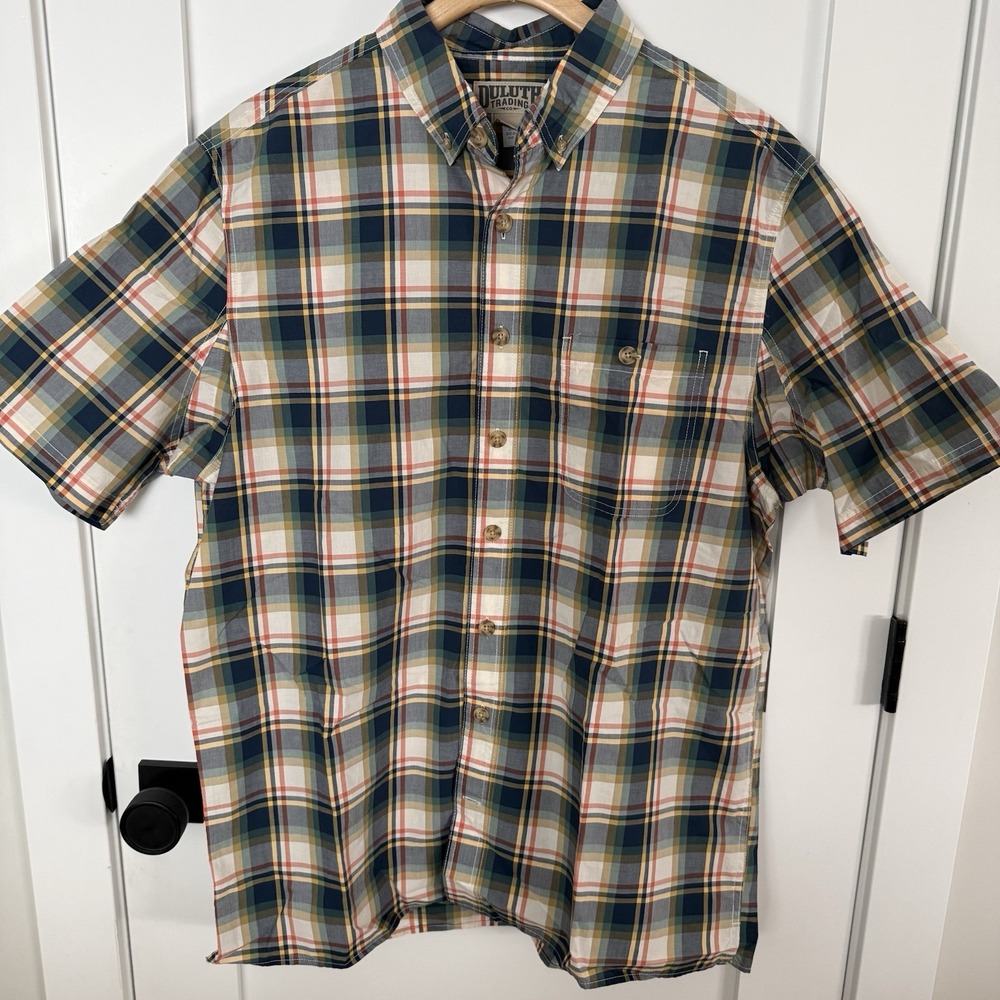 Duluth Trading Shirt Mens Large Tall Plaid Short Sleeve Button Down 100% Cotton